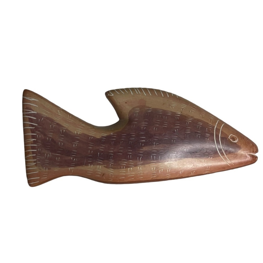 Vintage Hand Carved Soapstone Fish Figurine Etchedโ Stone Sculpture Decor 5.5"